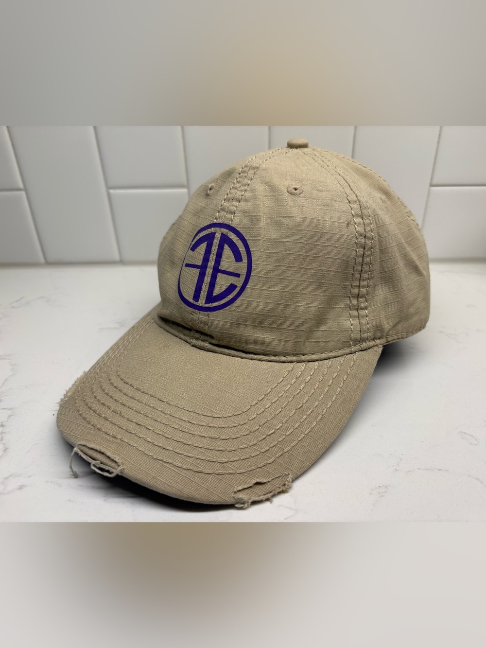 Adams Upscale Fashion Khaki Distressed Dad Hat Purple Geometric Logo Cap